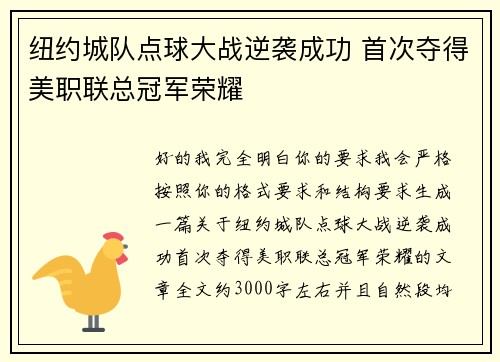 纽约城队点球大战逆袭成功 首次夺得美职联总冠军荣耀